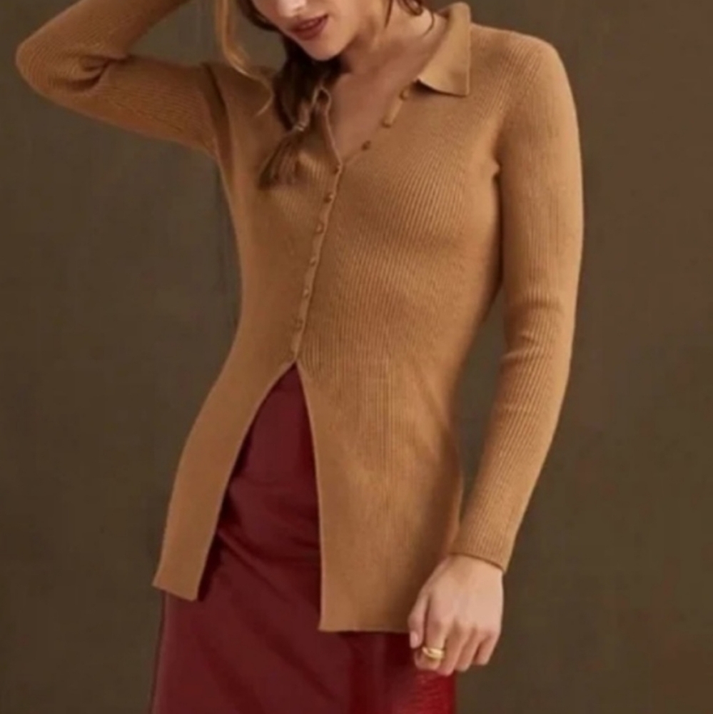 ANTHROPOLOGIE MAEVE Sweater Polo Neck Ribbed Small Tan Knit Long Sleeve Stretch
